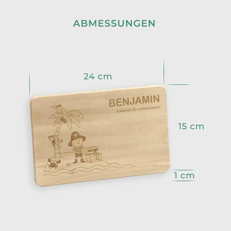 Frühstücksbrettchen für Kinder mit Gravur - Personalisiert mit Namen - Pirat | Holz Brettchen, Natur, FSC® - Geschenk zum Geburtstag & Namenstag