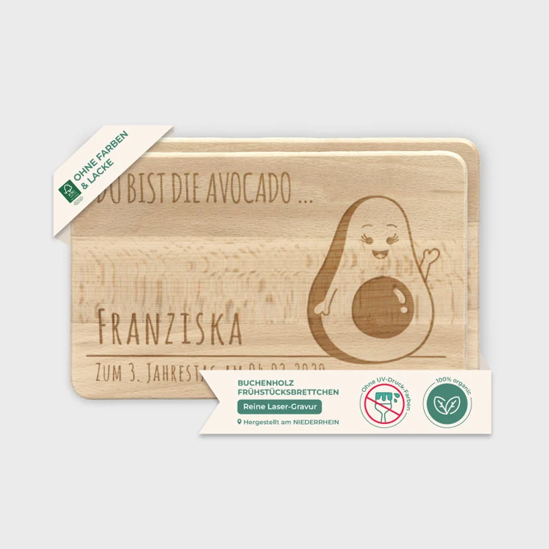 Frühstücksbrettchen mit Gravur Personalisiert - Gravur mit Namen - 2er-Set Avocado & Toast | Romantisches Geschenk für sie und ihn - FSC®