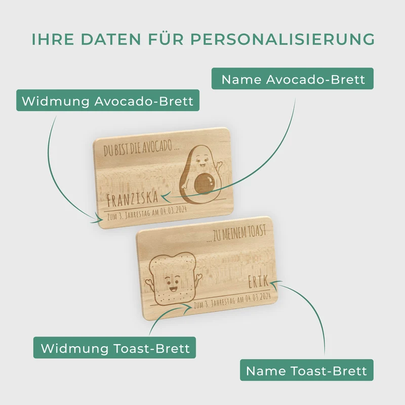 Frühstücksbrettchen mit Gravur Personalisiert - Gravur mit Namen - 2er-Set Avocado & Toast | Romantisches Geschenk für sie und ihn - FSC®