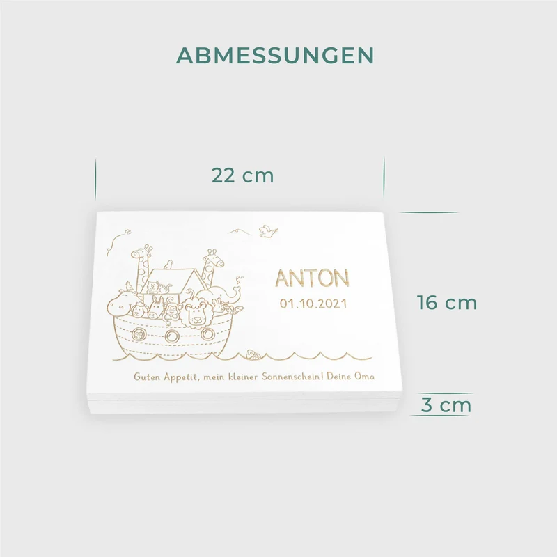 Kinderbesteck mit Namensgravur - Arche Noah Motiv - Besteck mit Namen | Taufgeschenk für Kinder - Geschenk zur Taufe für Jungs & Mädchen, weiß Kiste