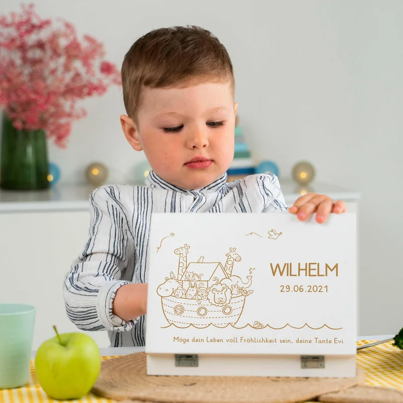 Kinderbesteck mit Namensgravur - Arche Noah Motiv - Besteck mit Namen | Taufgeschenk für Kinder - Geschenk zur Taufe für Jungs & Mädchen, weiß Kiste