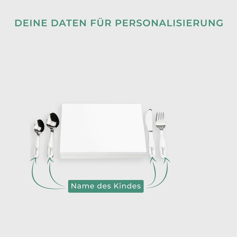 Kinderbesteck mit Namensgravur - Wunschname Gravur - Besteck mit Namen | Mit ungravierter Geschenkbox, weiß Kiste