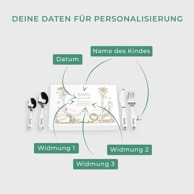 Kinderbesteck mit Namensgravur - Dschungel Gravur - Besteck mit Namen | Taufgeschenk für Kinder - Geschenk zur Taufe für Jungs & Mädchen, weiß Kiste