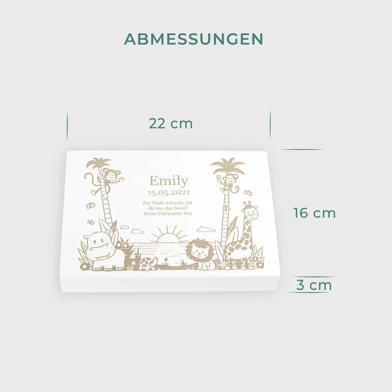 Kinderbesteck mit Namensgravur - Dschungel Gravur - Besteck mit Namen | Taufgeschenk für Kinder - Geschenk zur Taufe für Jungs & Mädchen, weiß Kiste