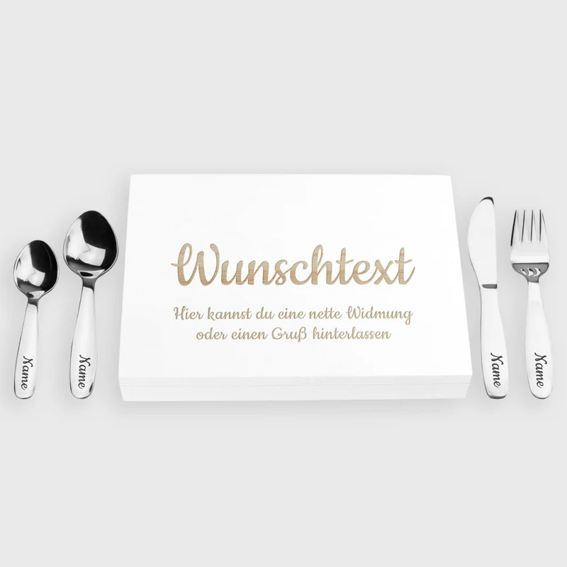 Kinderbesteck mit Namensgravur - Wunschtext Motiv - Besteck mit Namen | Taufgeschenk für Kinder - Geschenk zur Taufe für Jungs & Mädchen, weiß Kiste