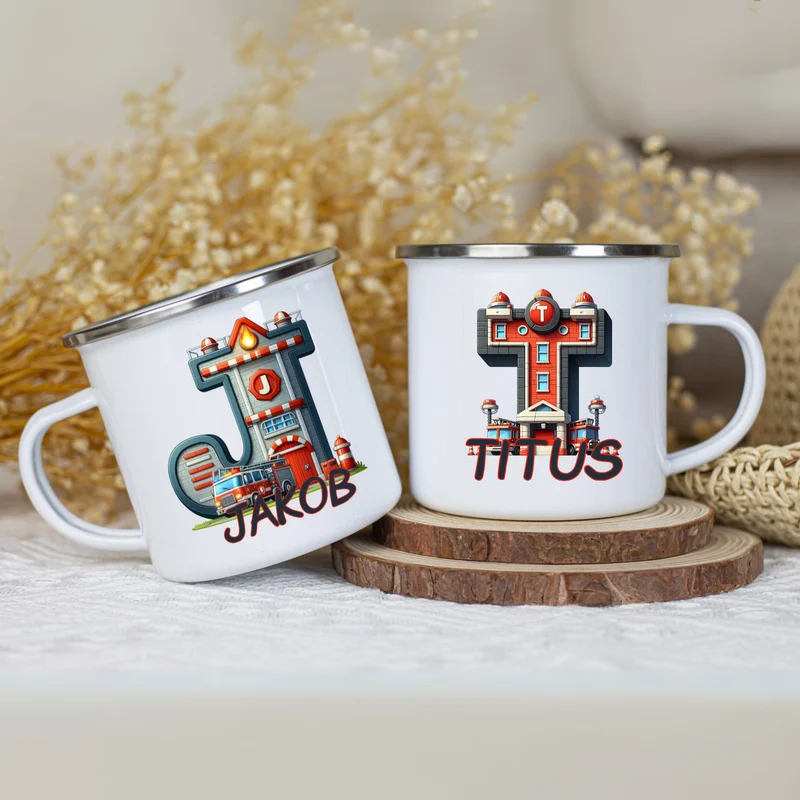 Personalisierte Emaille Tasse mit Namen Feuerwehr Motiv