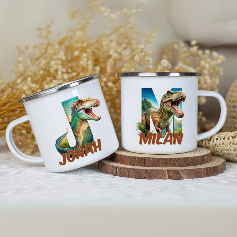 Personalisierte Emaille Tasse mit Namen Dinosaurier Motiv