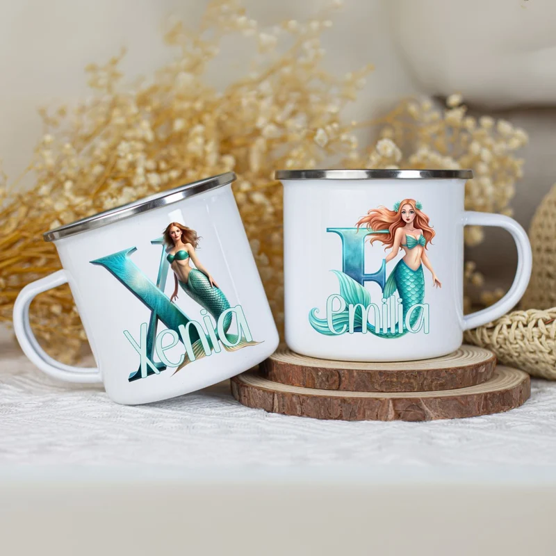 Personalisierte Emaille Tasse mit Namen Meerjungfrau Motiv