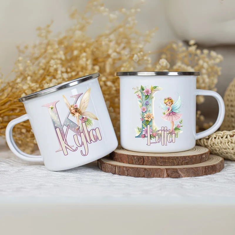 Personalisierte Emaille Tasse mit Namen Fee Motiv