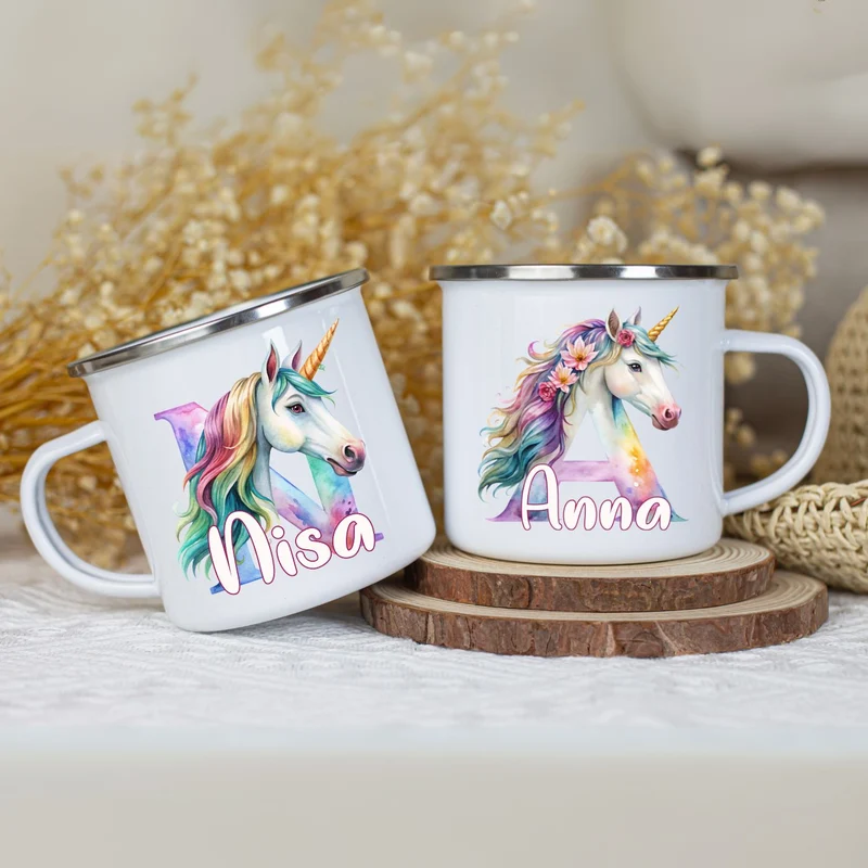 Personalisierte Emaille Tasse mit Namen Einhorn Motiv