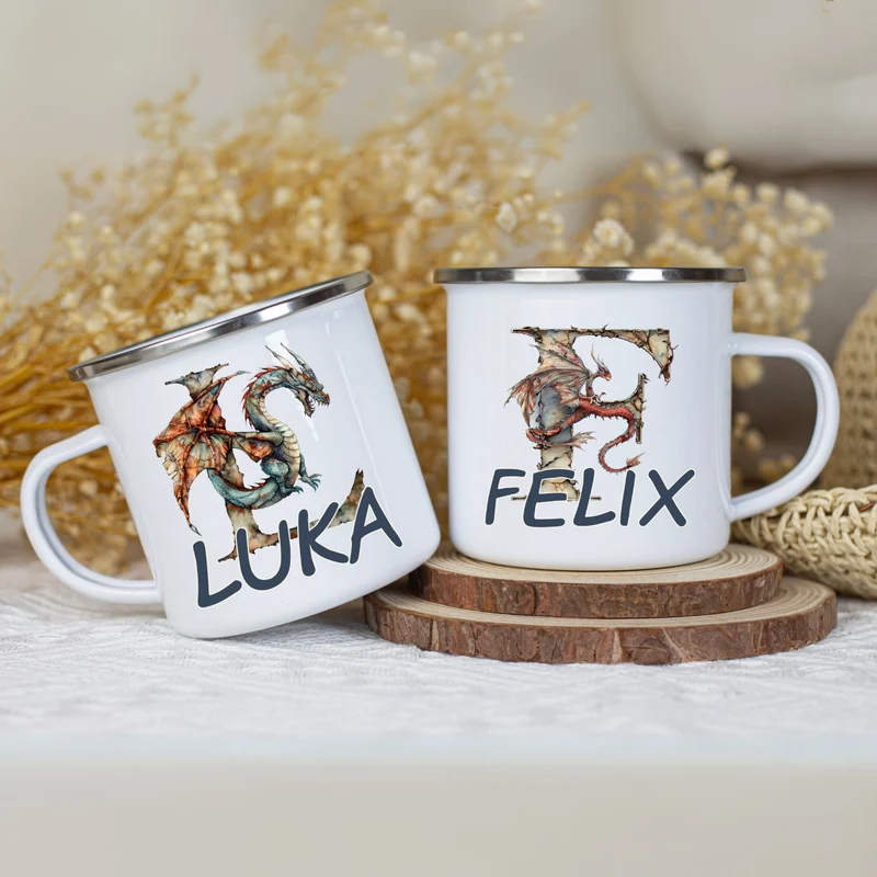 Personalisierte Emaille Tasse mit Namen Drache Motiv