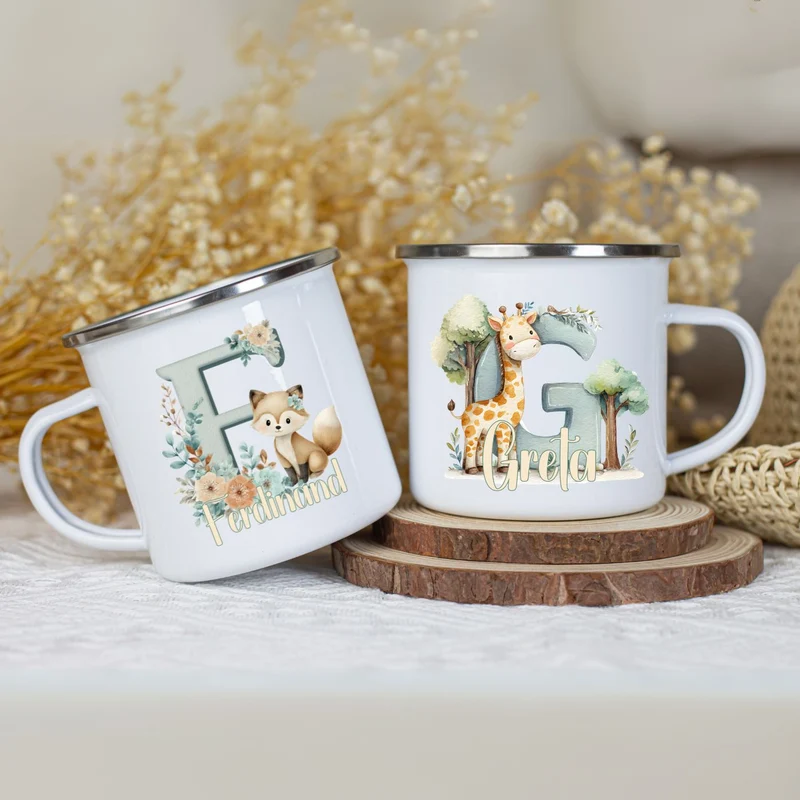 Personalisierte Emaille Tasse mit Namen Tiere Motiv
