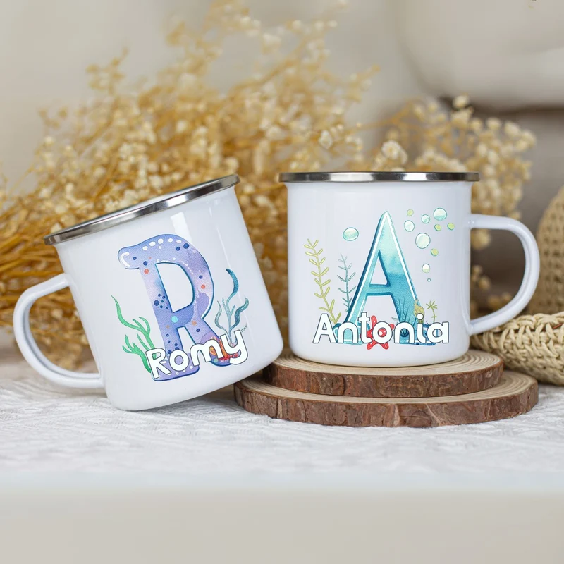 Personalisierte Emaille Tasse mit Namen Ozean Motiv
