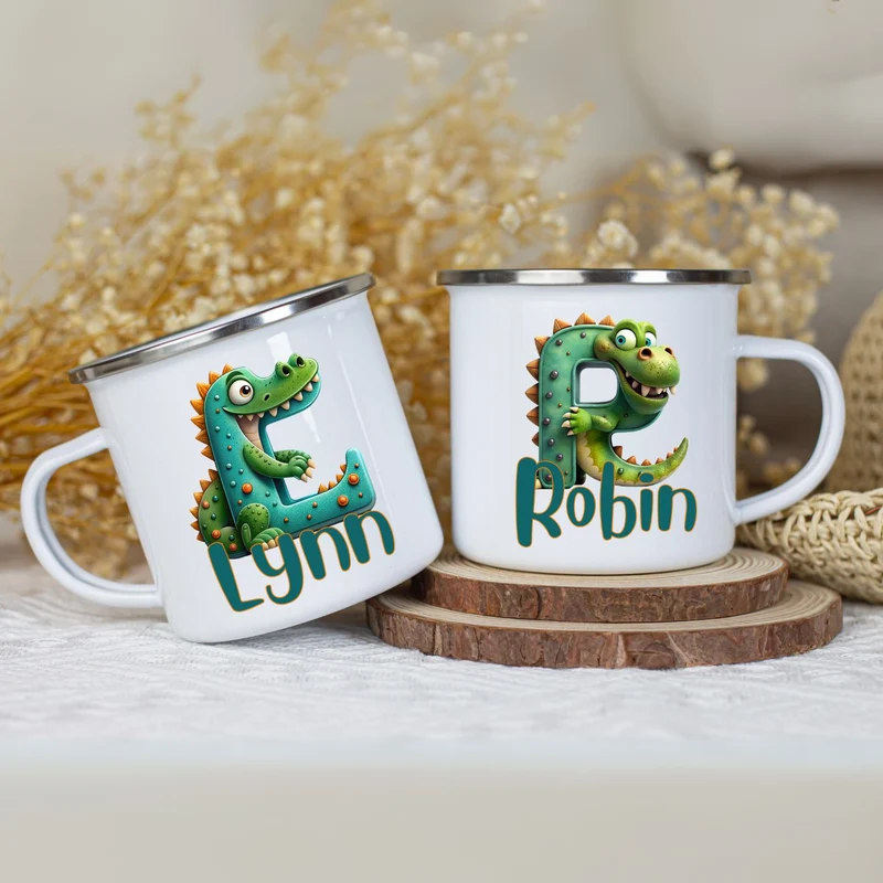 Personalisierte Emaille Tasse mit Namen Dino Motiv