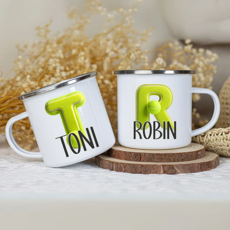 Personalisierte Emaille Tasse mit Namen Tennis Motiv