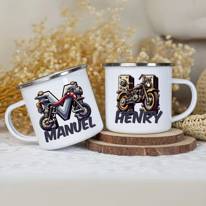 Personalisierte Emaille Tasse mit Namen Motorrad Motiv