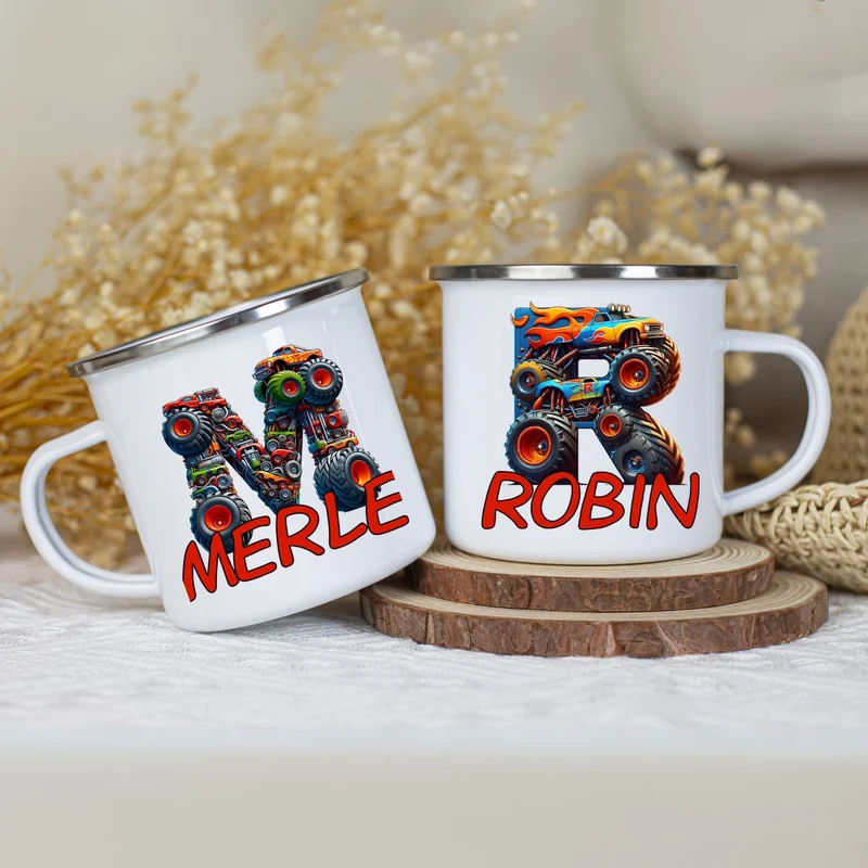 Personalisierte Emaille Tasse mit Namen Monstertruck Motiv