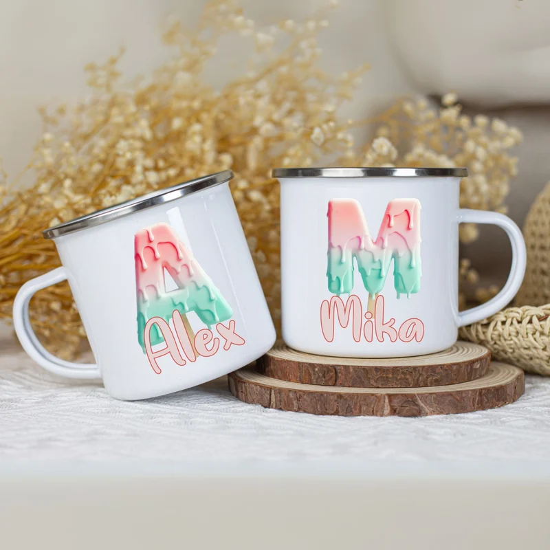 Personalisierte Emaille Tasse mit Namen Eisstiel Motiv