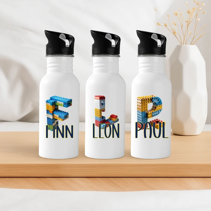 Personalisierte Trinkflasche mit Strohhalm Kinder mit Namen Baustein