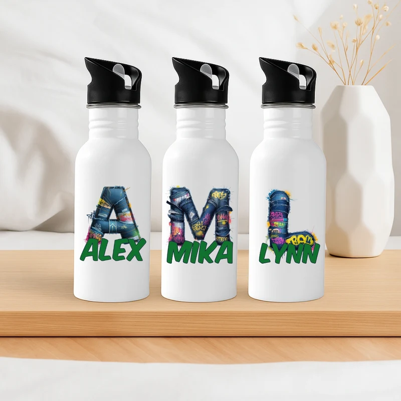 Personalisierte Trinkflasche mit Strohhalm Kinder mit Namen Graffiti Jeans