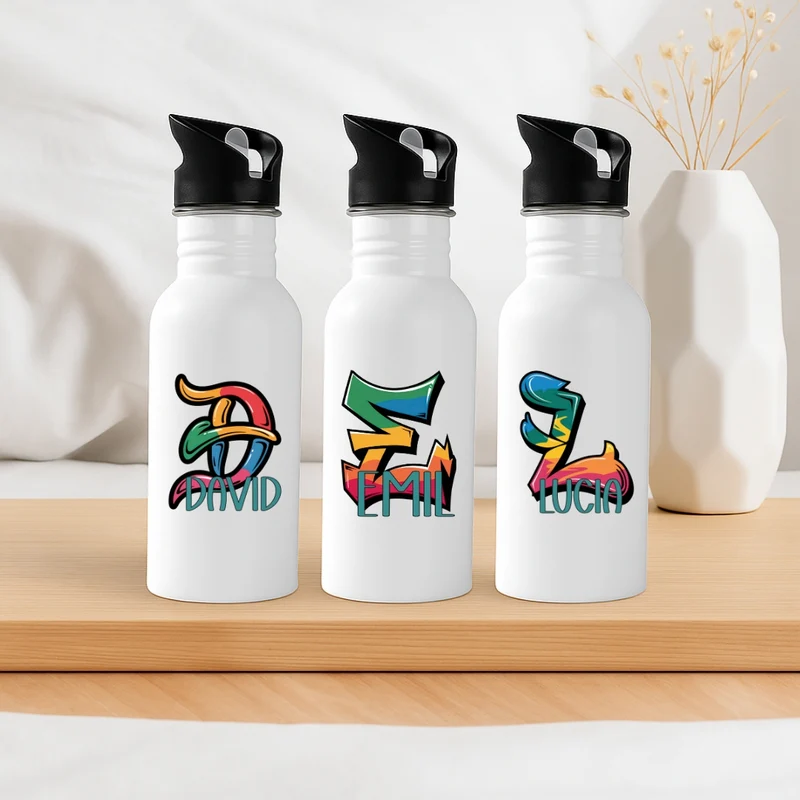 Personalisierte Trinkflasche mit Strohhalm Kinder mit Namen Graffiti