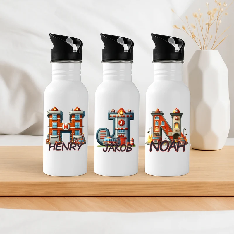 Personalisierte Trinkflasche mit Strohhalm Kinder mit Namen Feuerwehr