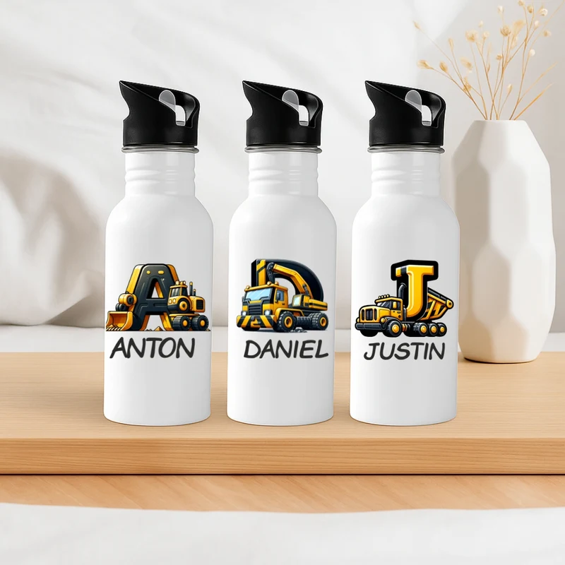 Personalisierte Trinkflasche mit Strohhalm Buchstabe Baustelle Kinder