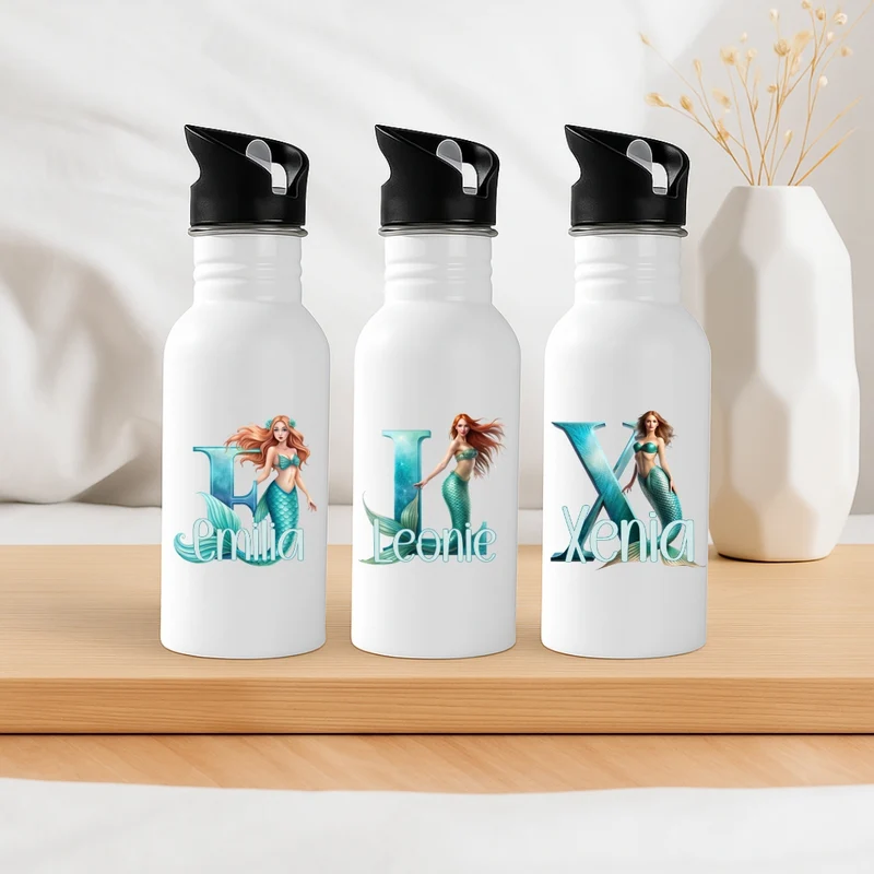 Personalisierte Trinkflasche mit Strohhalm Kinder mit Namen Meerjungfrau
