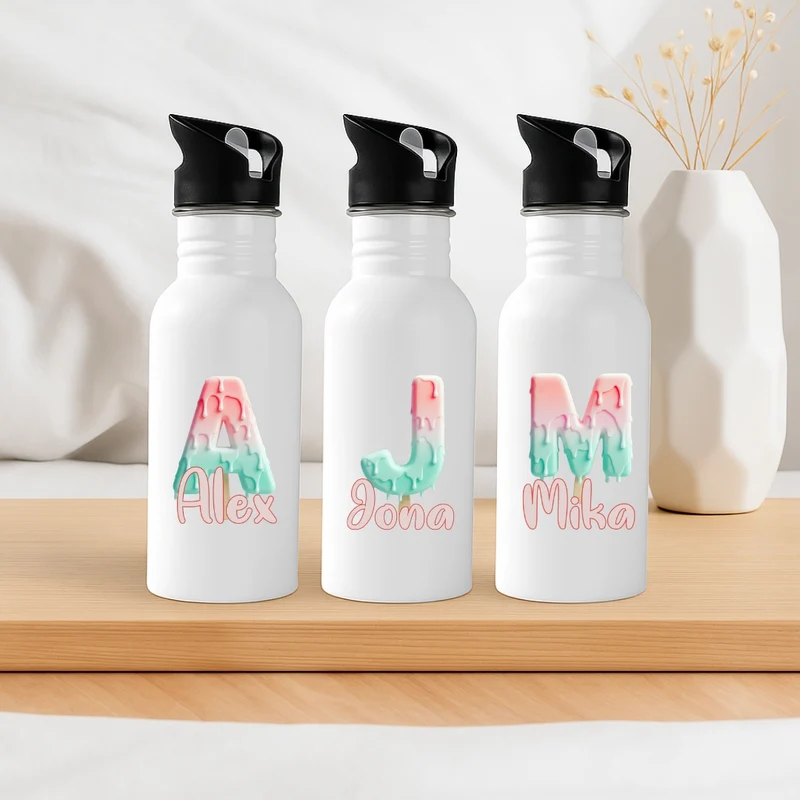 Personalisierte Trinkflasche mit Strohhalm Kinder mit Namen Eisstiel