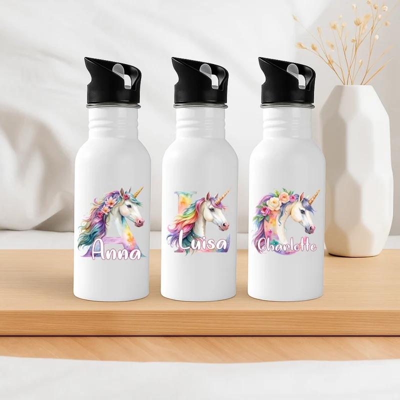 Personalisierte Trinkflasche mit Strohhalm Kinder mit Namen Einhorn