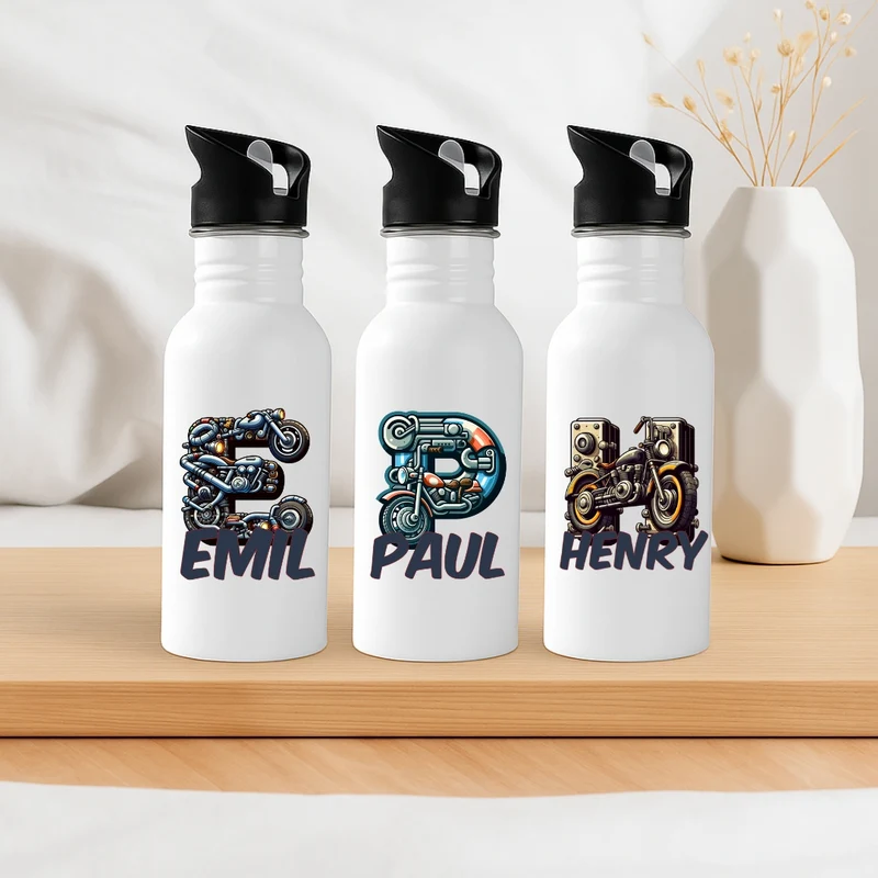 Personalisierte Trinkflasche mit Strohhalm Kinder mit Namen Motorrad