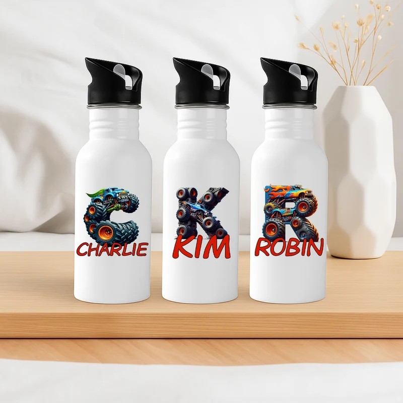 Personalisierte Trinkflasche mit Strohhalm Kinder mit Namen Monstertruck