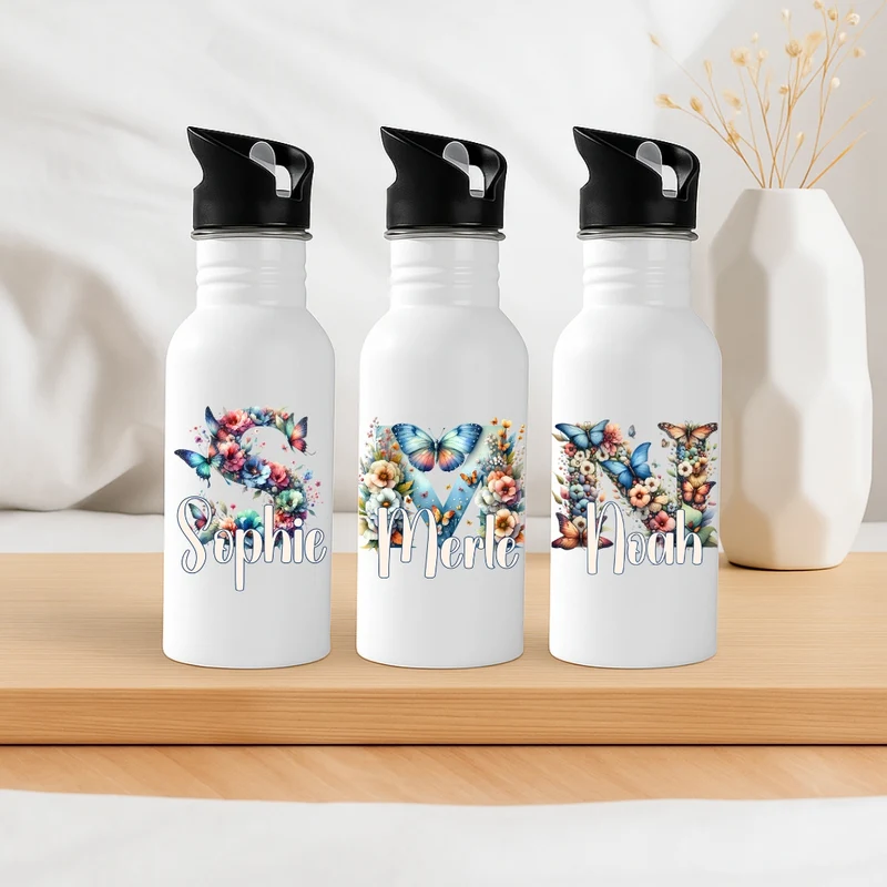 Personalisierte Trinkflasche mit Strohhalm Buchstabe Blume Schmetterling Kinder