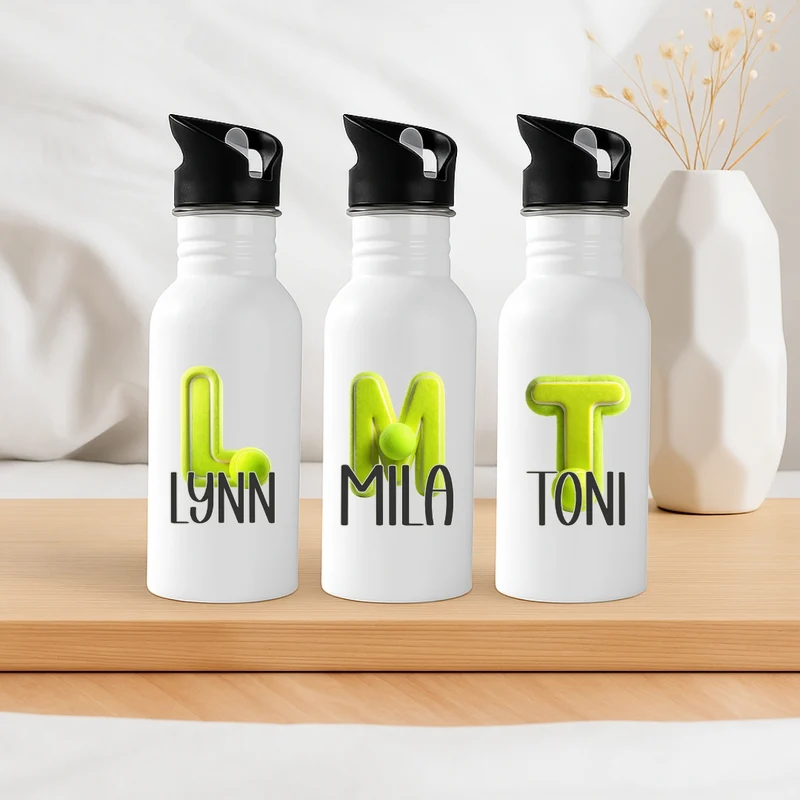 Personalisierte Trinkflasche mit Strohhalm Kinder mit Namen Tennis