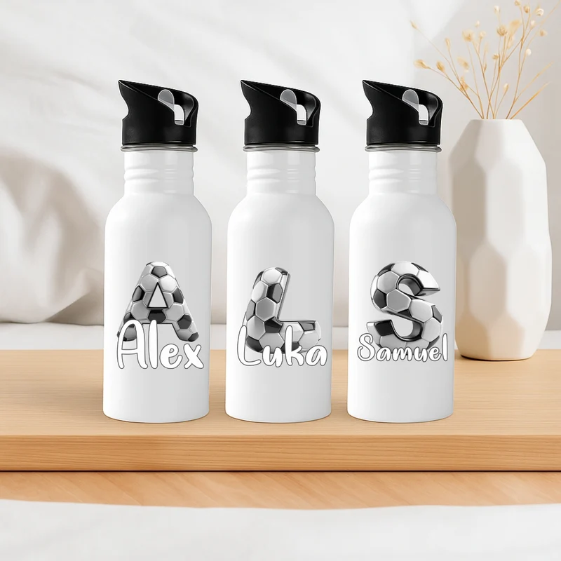 Personalisierte Trinkflasche mit Strohhalm Kinder mit Namen Fussball