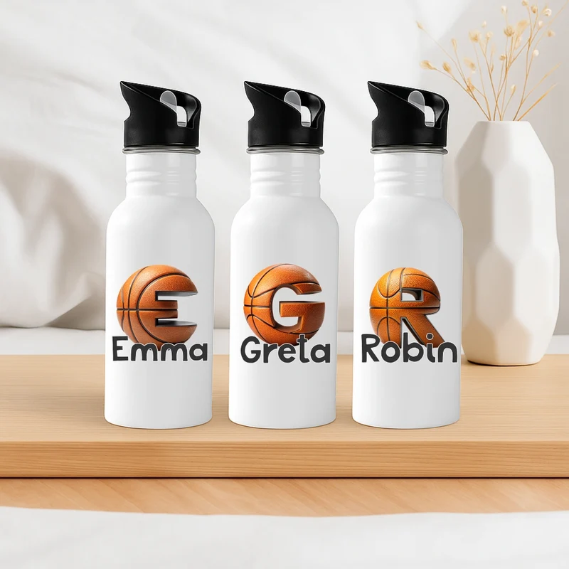 Personalisierte Trinkflasche mit Strohhalm Kinder mit Namen Basketball