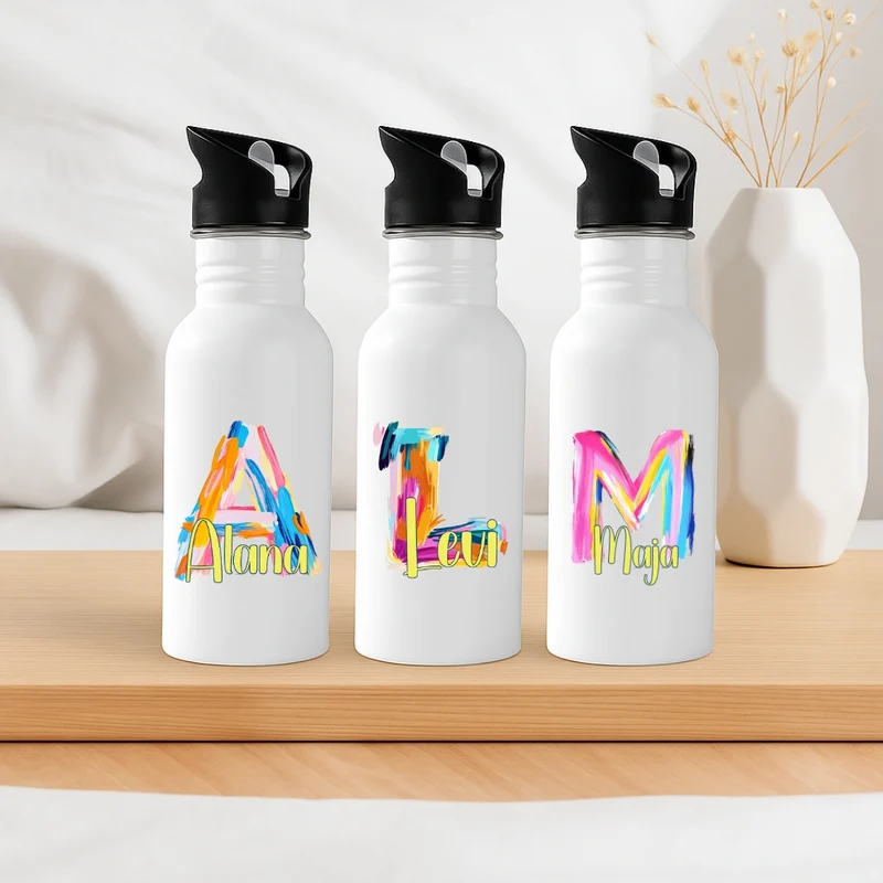 Personalisierte Trinkflasche mit Strohhalm Kinder mit Namen Ölmalerei