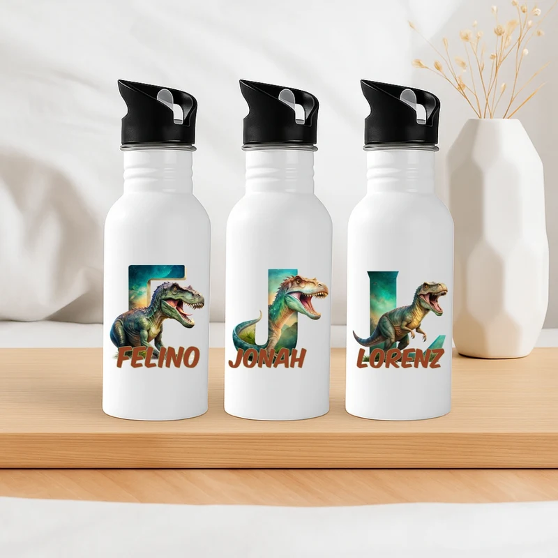 Personalisierte Trinkflasche mit Strohhalm Kinder mit Namen Dinosaurier