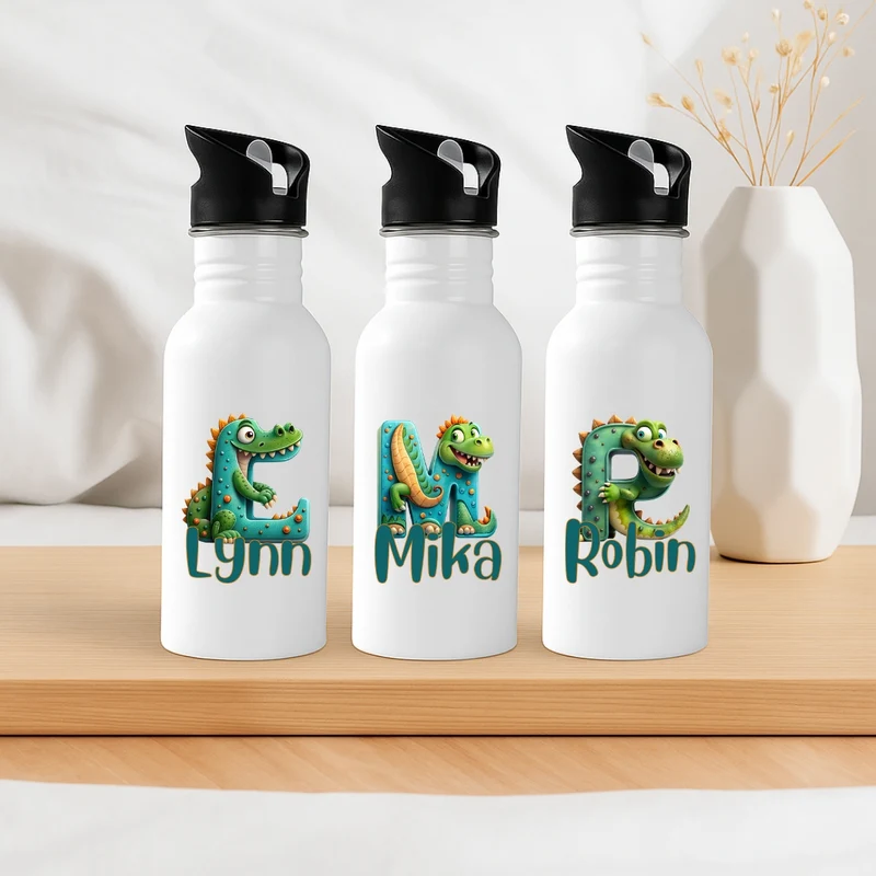 Personalisierte Trinkflasche mit Strohhalm Kinder mit Namen Dino