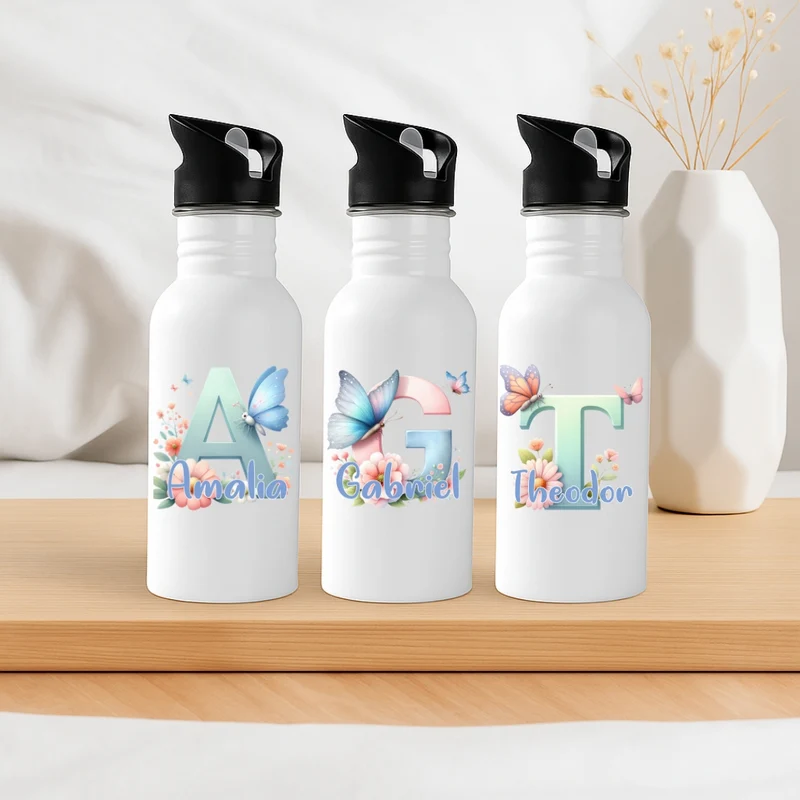 Personalisierte Trinkflasche mit Strohhalm Buchstabe Schmetterling Kinder
