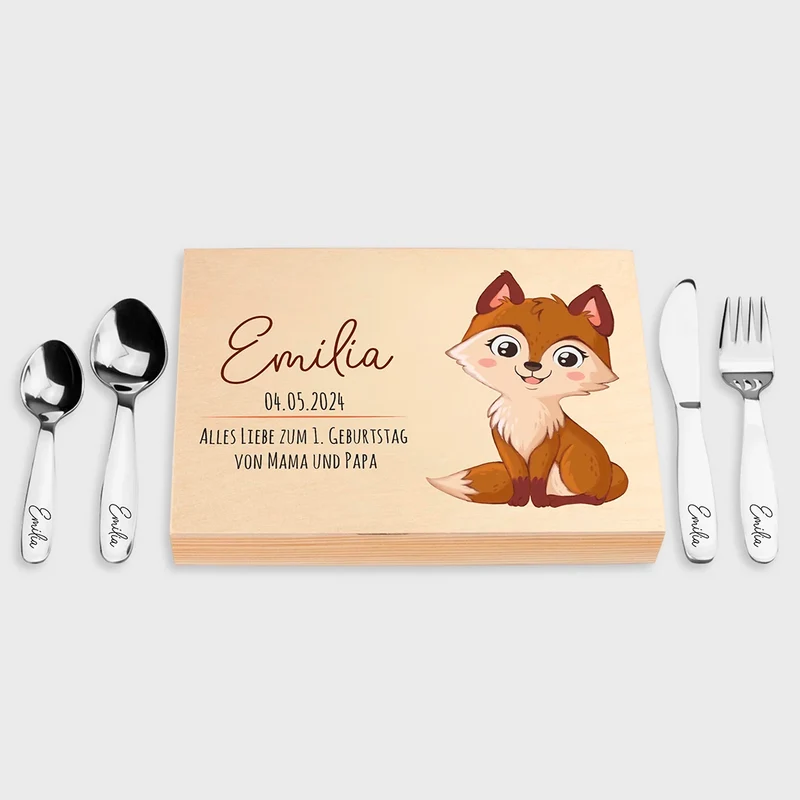 Kinderbesteck personalisiert mit Namen - Besteckset Fuchs Motiv | Taufgeschenk für Kinder - Geschenk zur Taufe für Jungs & Mädchen, natur Kiste