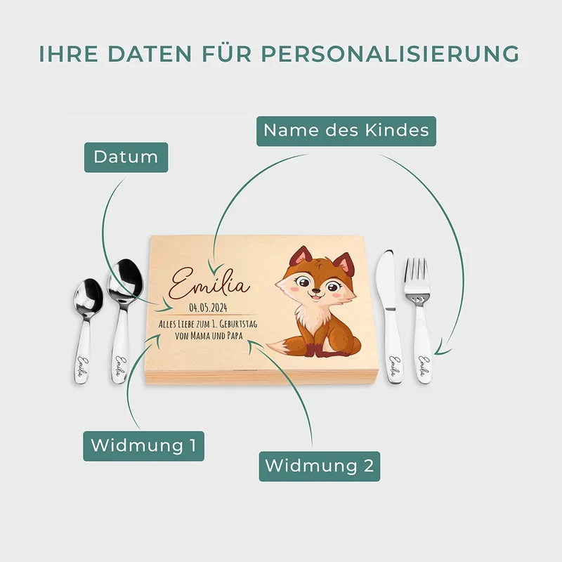 Kinderbesteck personalisiert mit Namen - Besteckset Fuchs Motiv | Taufgeschenk für Kinder - Geschenk zur Taufe für Jungs & Mädchen, natur Kiste