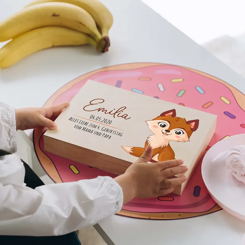 Kinderbesteck personalisiert mit Namen - Besteckset Fuchs Motiv | Taufgeschenk für Kinder - Geschenk zur Taufe für Jungs & Mädchen, natur Kiste