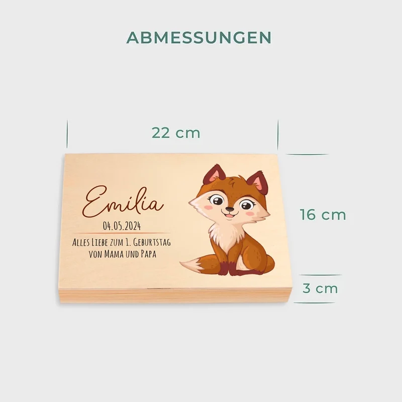 Kinderbesteck personalisiert mit Namen - Besteckset Fuchs Motiv | Taufgeschenk für Kinder - Geschenk zur Taufe für Jungs & Mädchen, natur Kiste