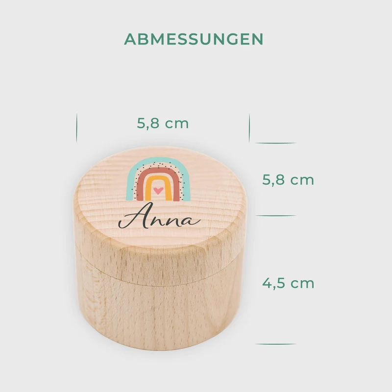Personalisierte Milchzahndose aus Lindenholz mit Namen - Zahnbox für Kinder - Regenbogen Motiv | Natur, Runde - Baby Geschenk & Andenken zur Taufe
