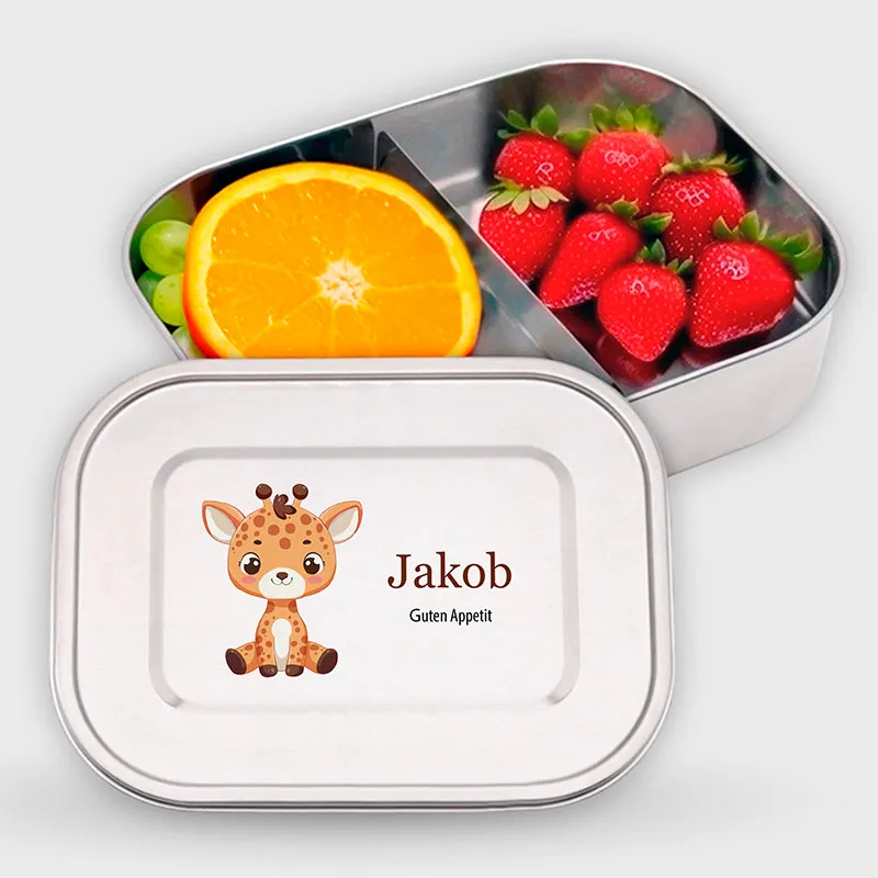 Personalisierte Brotdose mit Name - Giraffe - 800-1400 ml, Edelstahl Metall mit Fächern, auslaufsicher | Lunchbox mit Trennwand für Kinder, Erwachsene