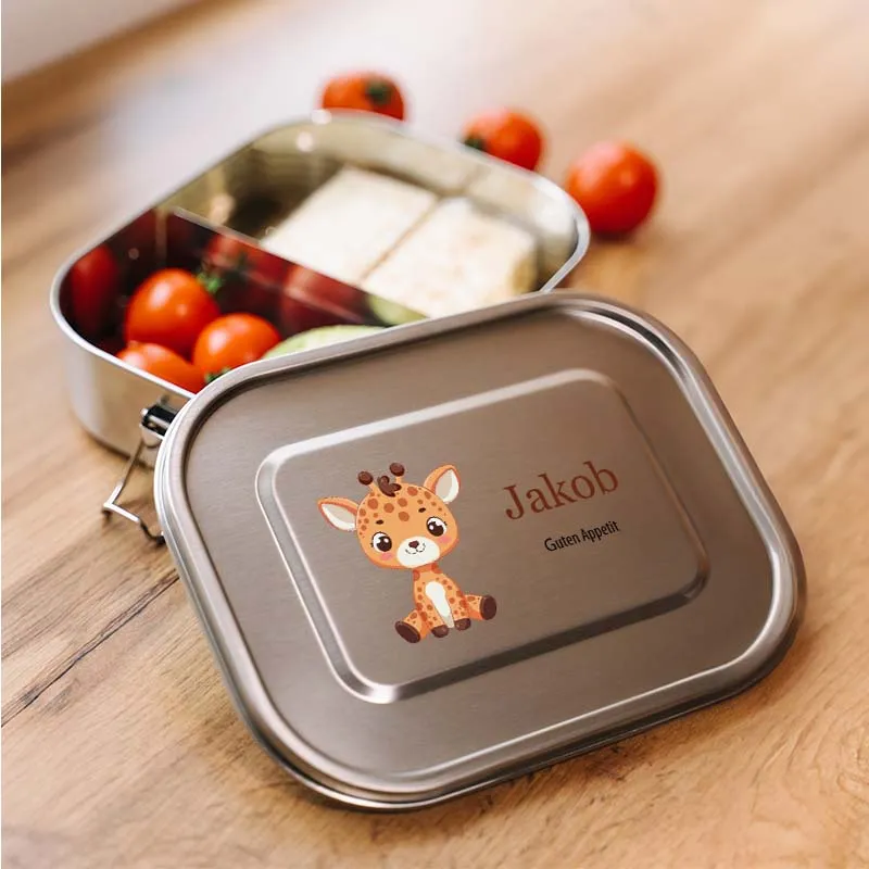 Personalisierte Brotdose mit Name - Giraffe - 800-1400 ml, Edelstahl Metall mit Fächern, auslaufsicher | Lunchbox mit Trennwand für Kinder, Erwachsene