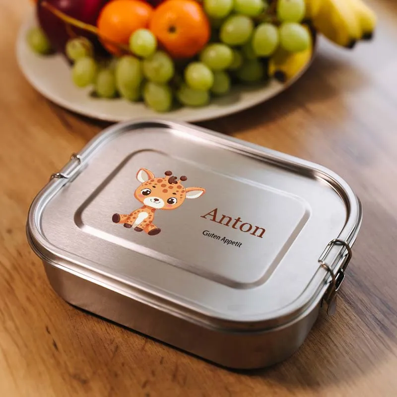 Personalisierte Brotdose mit Name - Giraffe - 800-1400 ml, Edelstahl Metall mit Fächern, auslaufsicher | Lunchbox mit Trennwand für Kinder, Erwachsene