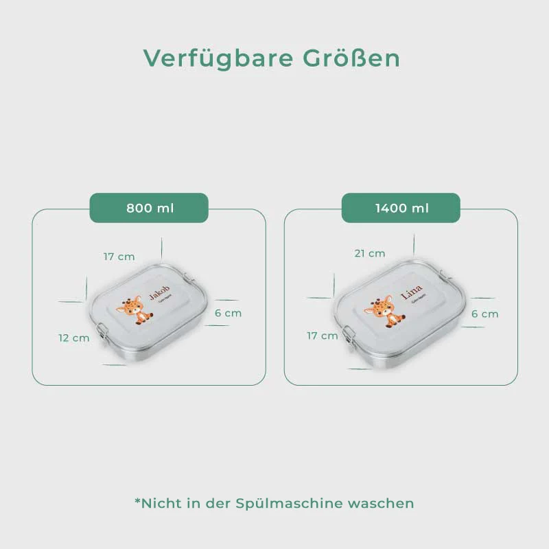 Personalisierte Brotdose mit Name - Giraffe - 800-1400 ml, Edelstahl Metall mit Fächern, auslaufsicher | Lunchbox mit Trennwand für Kinder, Erwachsene