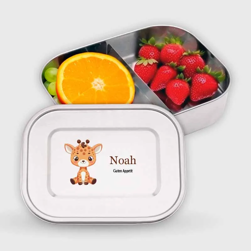 Personalisierte Brotdose mit Name - Giraffe - 800-1400 ml, Edelstahl Metall mit Fächern, auslaufsicher | Lunchbox mit Trennwand für Kinder, Erwachsene